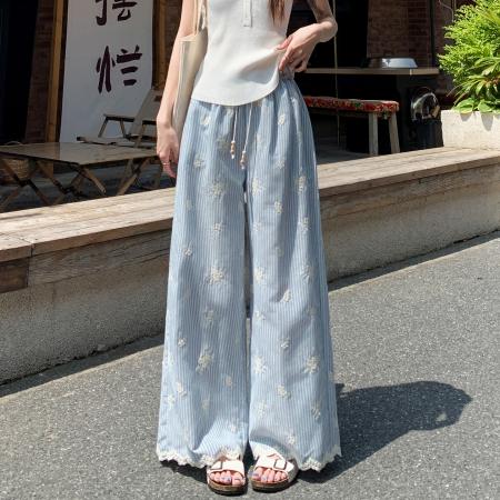 BY18671# 蓝色条纹刺绣阔腿裤女夏季高腰设计感蕾丝拼接休闲直筒裤 服裝批發女裝批發服飾貨源