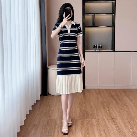 BY18672# 条纹连衣裙女夏季新款宽松百搭减龄休闲时尚假两件裙子 服裝批發女裝批發服飾貨源