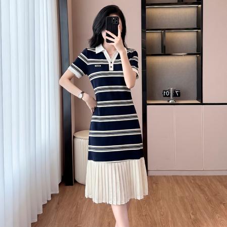 BY18672# 条纹连衣裙女夏季新款宽松百搭减龄休闲时尚假两件裙子 服裝批發女裝批發服飾貨源