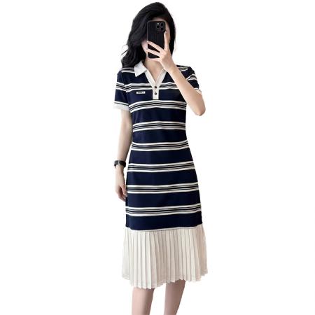 BY18672# 条纹连衣裙女夏季新款宽松百搭减龄休闲时尚假两件裙子 服裝批發女裝批發服飾貨源