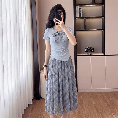 BY18674# 时尚套装女法式温柔风上衣加格子半身裙两件套 服裝批發女裝批發服飾貨源