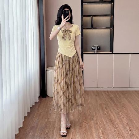 BY18674# 时尚套装女法式温柔风上衣加格子半身裙两件套 服裝批發女裝批發服飾貨源