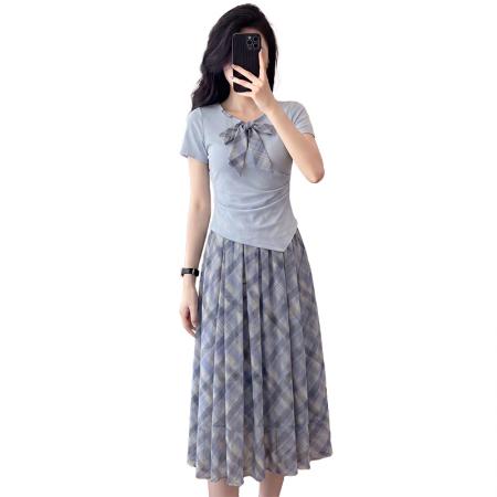 BY18674# 时尚套装女法式温柔风上衣加格子半身裙两件套 服裝批發女裝批發服飾貨源
