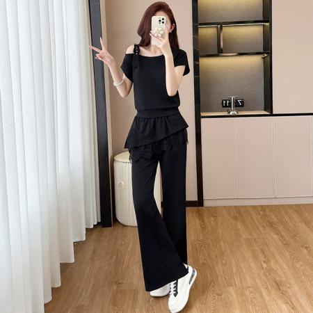 BY18675# 时尚套装女新款斜肩吊带宽松上衣加蕾丝边长裤舒适气质两件套 服裝批發女裝批發服飾貨源