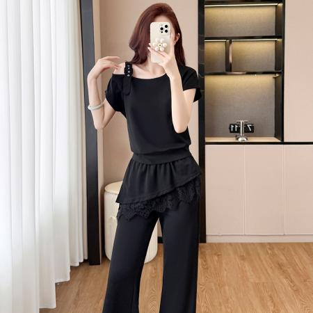 BY18675# 时尚套装女新款斜肩吊带宽松上衣加蕾丝边长裤舒适气质两件套 服裝批發女裝批發服飾貨源