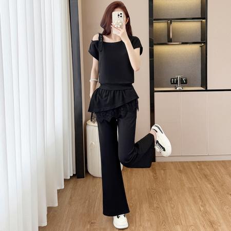 BY18675# 时尚套装女新款斜肩吊带宽松上衣加蕾丝边长裤舒适气质两件套 服裝批發女裝批發服飾貨源