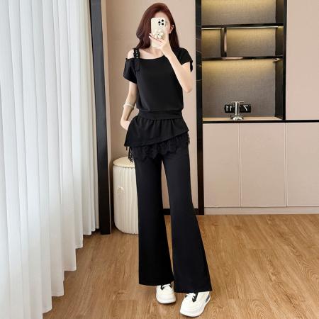 BY18675# 时尚套装女新款斜肩吊带宽松上衣加蕾丝边长裤舒适气质两件套 服裝批發女裝批發服飾貨源