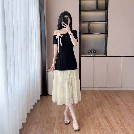 BY18676# 新款女连衣裙夏优雅舒适显瘦宽松腰斜肩假两件大摆裙 服裝批發女裝批發服飾貨源