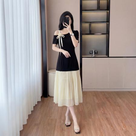 BY18676# 新款女连衣裙夏优雅舒适显瘦宽松腰斜肩假两件大摆裙 服裝批發女裝批發服飾貨源