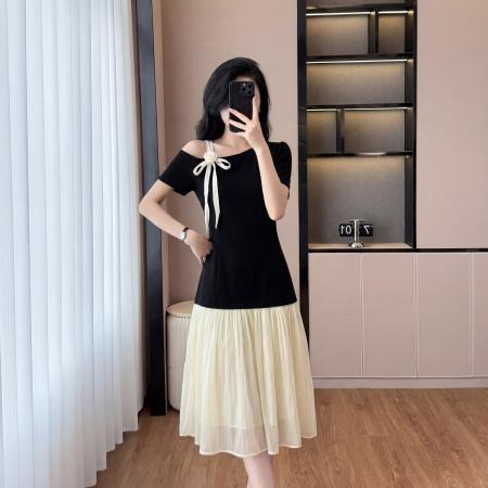 BY18676# 新款女连衣裙夏优雅舒适显瘦宽松腰斜肩假两件大摆裙 服裝批發女裝批發服飾貨源