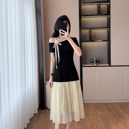 BY18676# 新款女连衣裙夏优雅舒适显瘦宽松腰斜肩假两件大摆裙 服裝批發女裝批發服飾貨源