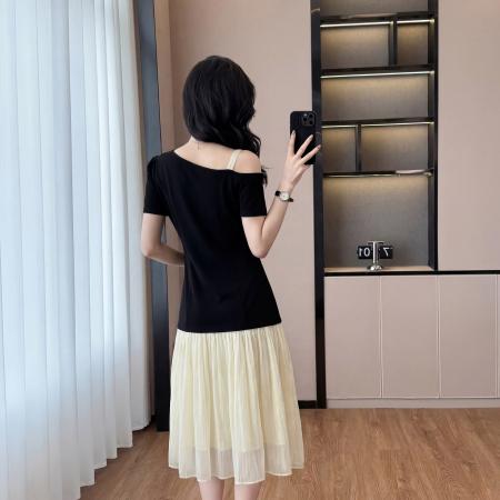 BY18676# 新款女连衣裙夏优雅舒适显瘦宽松腰斜肩假两件大摆裙 服裝批發女裝批發服飾貨源