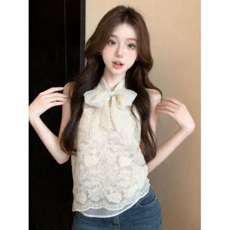BY18679# 温柔风重工蕾丝钩花配飘带小衫女法式高级感甜美背心 服裝批發女裝批發服飾貨源