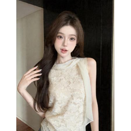 BY18679# 温柔风重工蕾丝钩花配飘带小衫女法式高级感甜美背心 服裝批發女裝批發服飾貨源