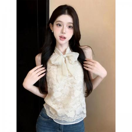 BY18679# 温柔风重工蕾丝钩花配飘带小衫女法式高级感甜美背心 服裝批發女裝批發服飾貨源