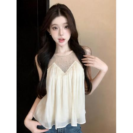 BY18680# 法式温柔网纱烫钻拼接无袖上衣女高级感修身显瘦上衣 服裝批發女裝批發服飾貨源
