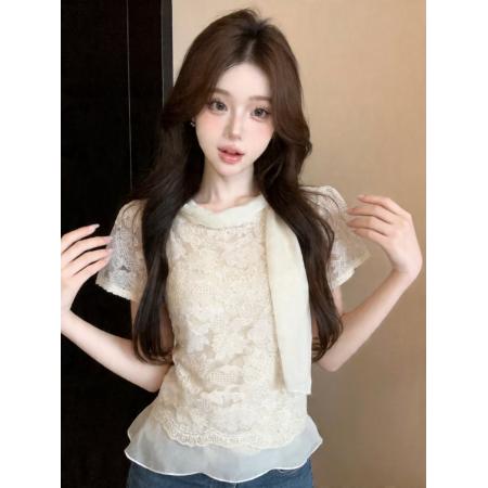 BY18681# 温柔飘带蕾丝刺绣雪纺衫夏季薄款荷叶边上衣 服裝批發女裝批發服飾貨源