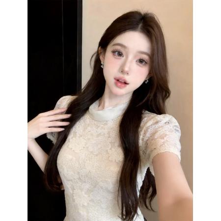 BY18681# 温柔飘带蕾丝刺绣雪纺衫夏季薄款荷叶边上衣 服裝批發女裝批發服飾貨源