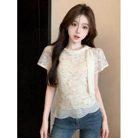 BY18681# 温柔飘带蕾丝刺绣雪纺衫夏季薄款荷叶边上衣 服裝批發女裝批發服飾貨源