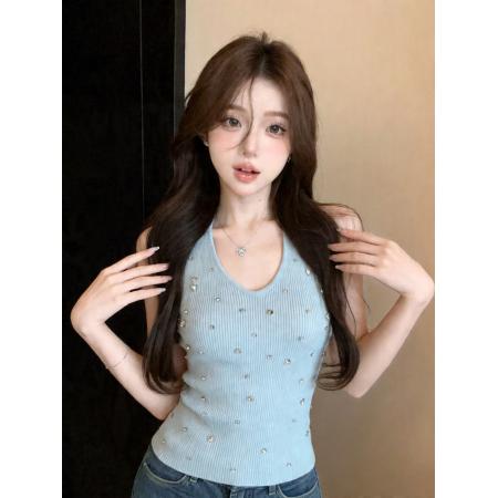 BY18683# 辣妹挂脖水钻无袖针织背心女夏季修身显瘦外穿上衣服 服裝批發女裝批發服飾貨源