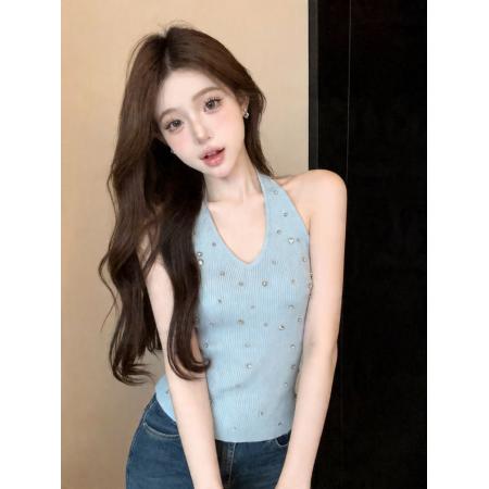 BY18683# 辣妹挂脖水钻无袖针织背心女夏季修身显瘦外穿上衣服 服裝批發女裝批發服飾貨源
