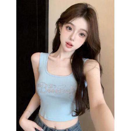 BY18687# 美式字母烫钻无袖修身显瘦工字背心女百搭吊带上衣 服裝批發女裝批發服飾貨源