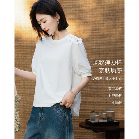 BY18691# 夏季慵懒风索罗娜水溶镂空花边前短后长t恤女高级 服裝批發女裝批發服飾貨源