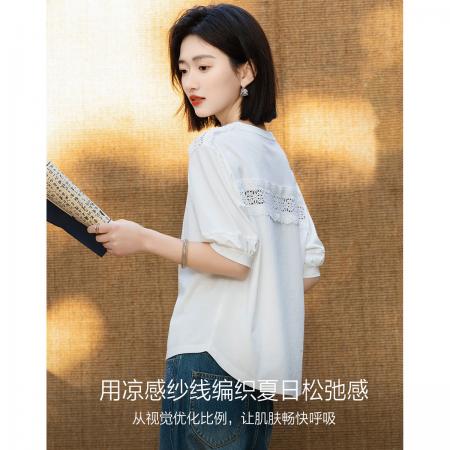 BY18691# 夏季慵懒风索罗娜水溶镂空花边前短后长t恤女高级 服裝批發女裝批發服飾貨源