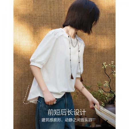 BY18691# 夏季慵懒风索罗娜水溶镂空花边前短后长t恤女高级 服裝批發女裝批發服飾貨源