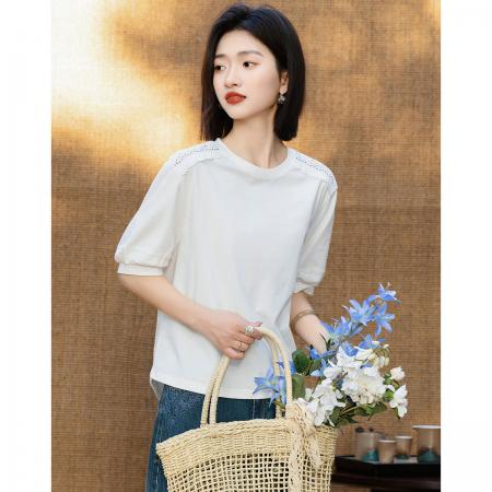 BY18691# 夏季慵懒风索罗娜水溶镂空花边前短后长t恤女高级 服裝批發女裝批發服飾貨源