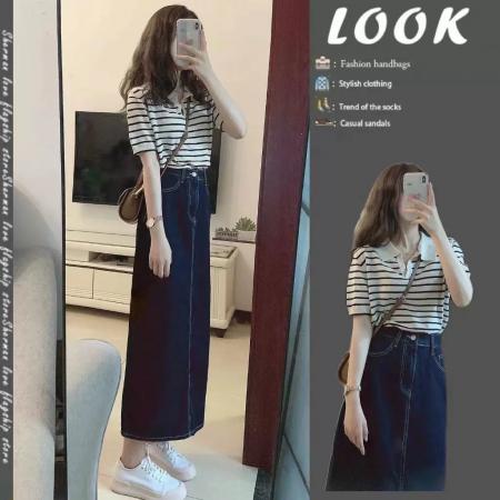 BY18693# 夏季韩剧穿搭高级感轻熟风条纹上衣开叉牛仔半身裙两件套装女早春 服裝批發女裝批發服飾貨源