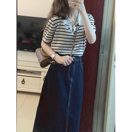 BY18693# 夏季韩剧穿搭高级感轻熟风条纹上衣开叉牛仔半身裙两件套装女早春 服裝批發女裝批發服飾貨源