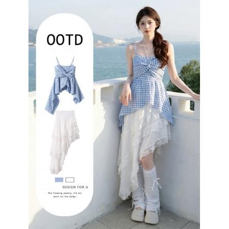 BY18694# 初夏海边度假融冰蓝风连衣裙女新款夏季初恋氛围感穿搭套装裙 服裝批發女裝批發服飾貨源