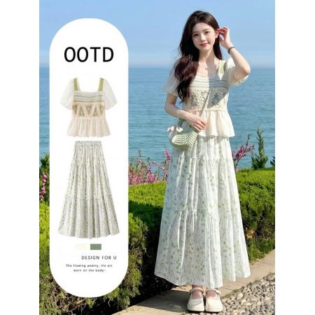 BY18696# 夏日薄荷曼波绿色裙子女款新款初夏季海边度假穿搭连衣裙套装 服裝批發女裝批發服飾貨源