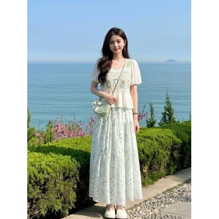 BY18696# 夏日薄荷曼波绿色裙子女款新款初夏季海边度假穿搭连衣裙套装 服裝批發女裝批發服飾貨源