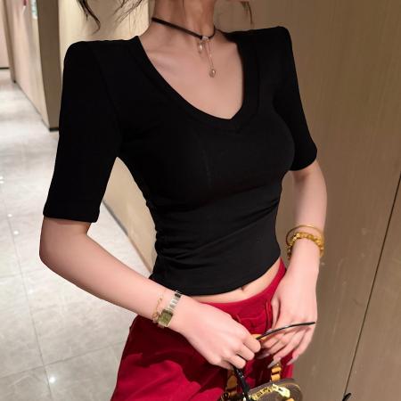 BY18698# 夏季新款时尚百搭经典显瘦大V领中袖上衣女 服裝批發女裝批發服飾貨源