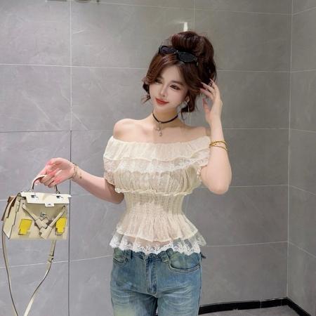 BY18700# 夏季新款时尚百搭设计感法式一字肩收腰短款显瘦上衣女 服裝批發女裝批發服飾貨源