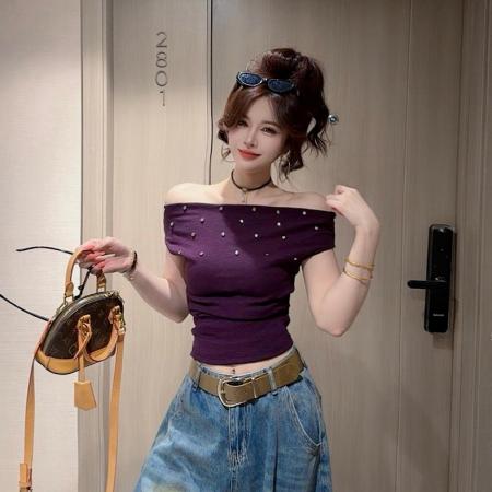 BY18701# 夏季新款时尚百搭重工铆钉一字肩显瘦上衣女 服裝批發女裝批發服飾貨源