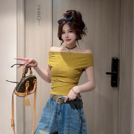 BY18701# 夏季新款时尚百搭重工铆钉一字肩显瘦上衣女 服裝批發女裝批發服飾貨源