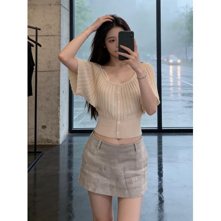 BY18702# 温柔风气质收腰针织短袖T恤女春夏季新款小众设计感收腰显瘦上衣 服裝批發女裝批發服飾貨源