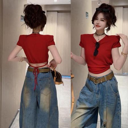 BY18703# 夏季新款时尚百搭设计感正肩后露腰系带短袖辣妹上衣女 服裝批發女裝批發服飾貨源