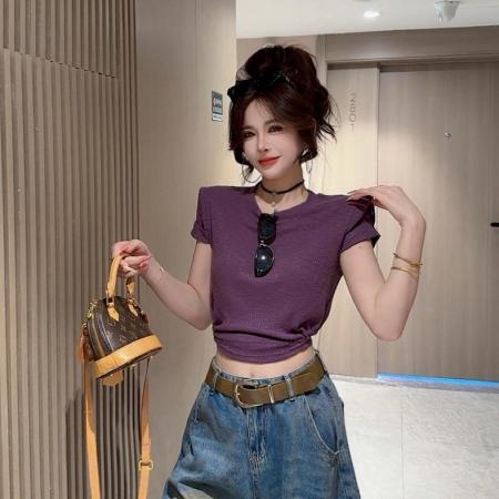 BY18703# 夏季新款时尚百搭设计感正肩后露腰系带短袖辣妹上衣女 服裝批發女裝批發服飾貨源