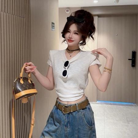 BY18703# 夏季新款时尚百搭设计感正肩后露腰系带短袖辣妹上衣女 服裝批發女裝批發服飾貨源