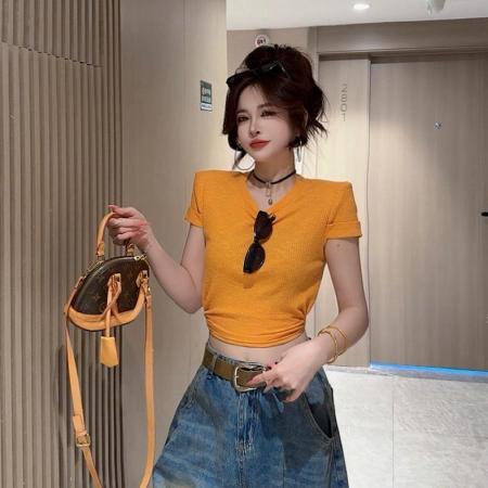 BY18703# 夏季新款时尚百搭设计感正肩后露腰系带短袖辣妹上衣女 服裝批發女裝批發服飾貨源