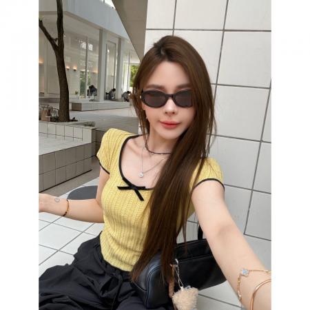 BY18704# 黄色正肩蝴蝶结冰丝针织短袖T恤女夏季超火减龄修身短款上衣 服裝批發女裝批發服飾貨源