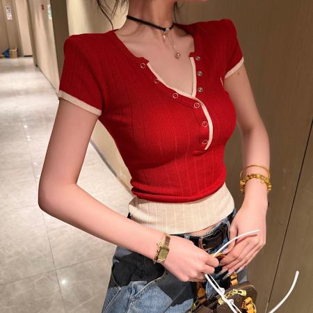 BY18705# 夏季新款时尚百搭设计感撞色拼接纽扣V领短袖针织上衣女 服裝批發女裝批發服飾貨源