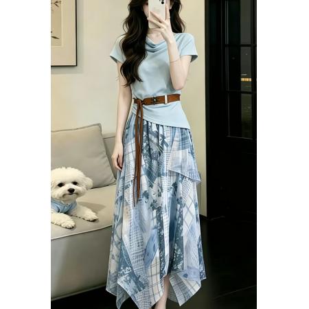 BY18707# 专柜品质夏新款不规则荡领T恤上衣半身裙长款套装裙两件套 服裝批發女裝批發服飾貨源