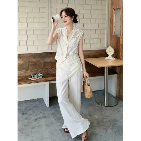 BY18709# 专柜品质高级时尚套装女夏新款法式蕾丝马甲阔腿拖地裤两件套 服裝批發女裝批發服飾貨源