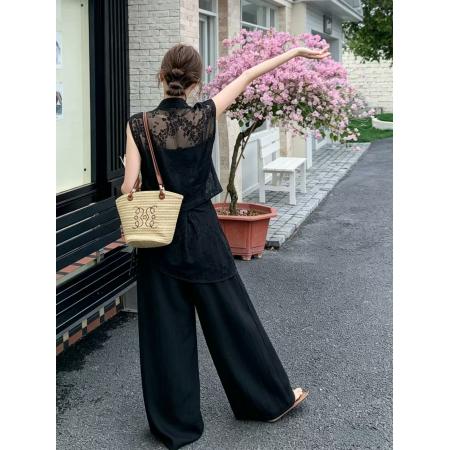 BY18709# 专柜品质高级时尚套装女夏新款法式蕾丝马甲阔腿拖地裤两件套 服裝批發女裝批發服飾貨源