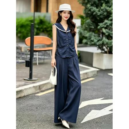 BY18710# 专柜品质夏新款亚麻海军领小衫上衣高腰阔腿休闲裤时尚套装女 服裝批發女裝批發服飾貨源